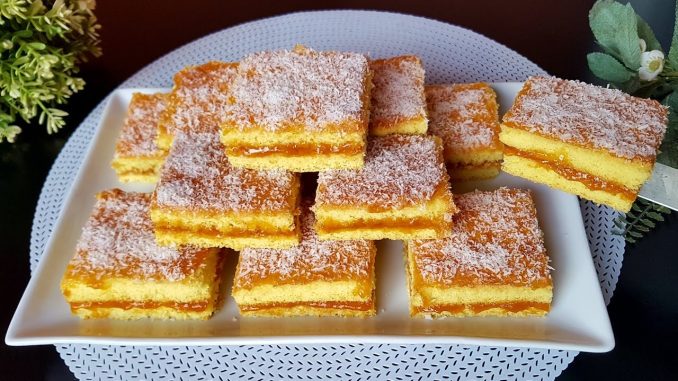 Biscuit pufos cu gem de caise și fulgi de cocos